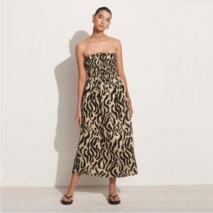 Faithfull The Brand Contessa Strapless Shirred Printed Linen Midi Dress NWT